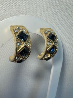 Vintage Gold-Tone Earrings with Dark Blue and Clear Stones
